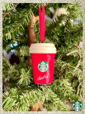🎄☕ NIB/NWT 2025 Starbucks Ceramic "Cheers" Red Cup Christmas Tree Ornament